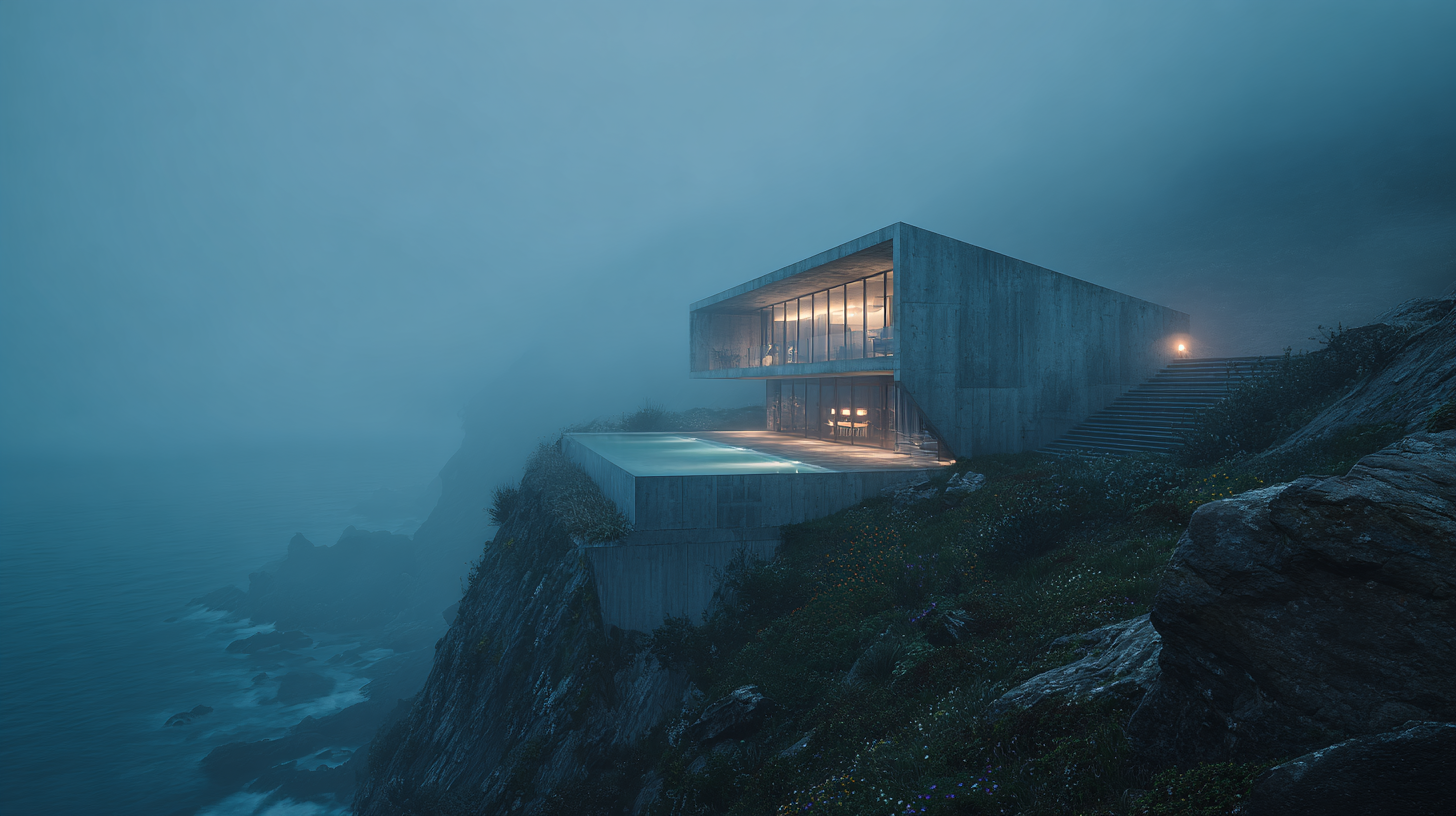 Cliffside building in the mist